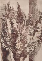 Kádár Katalin (1951- ): Csendélet. Rézkarc, papír, jelzett, üvegezett fakeretben, 29×19,5 cm