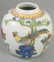 Kínai paradicsommadár mintás váza, jelzett, m: 13,5 cm