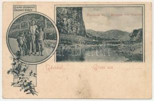 Toplec, Csernahéviz, Toplet; Topleczi út, híd, Cigány gyerekek. Szecessziós-virágos keret / Strasse vor Toplecz, Zigeuner Kinder / road, bridge, Gypsy children. Art Nouveau, floral frame (fl)