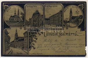 1900 Szatmárnémeti, Szatmár, Satu Mare; Kálvária, Igazságügyi palota, Református főgimnázium, Németi református templom, zárda. Löwy Miksa kiadása, szecessziós virágos fémes hatású fóliás képeslap / calvary, Palace of Justice, Calvinist grammar school, Calvinist church, nunnery. Art Nouveau, floral, metallic foil postcard (b)