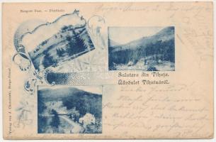 1901 Tihuca, Tihucza, Tihuta (Báránykő, Piatra Fantanel); Borgoer Pass, Fantinele / Borgói hágó. J. Chencinski kiadása (Borgóprund), szecessziós-virágos keret / mountain pass. Art Nouveau, floral (fa)
