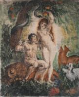 Prihoda István (1891-1965): Ádám és Éva. Színezett rézkarc, papír, jelzett, üvegezett fakeretben, 22×19 cm