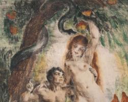 Prihoda István (1891-1965): Ádám és Éva. Színezett rézkarc, papír, jelzett, üvegezett fakeretben, 22...