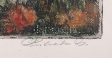 Prihoda István (1891-1965): Ádám és Éva. Színezett rézkarc, papír, jelzett, üvegezett fakeretben, 22...