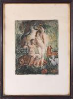 Prihoda István (1891-1965): Ádám és Éva. Színezett rézkarc, papír, jelzett, üvegezett fakeretben, 22...