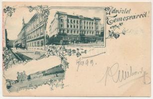 1899 Temesvár, Timisoara; Lonovics utca, Múzeum, Temesvári Első Takarékpénztár, Wolf József, Bierman üzlete, sörház, étterem és kávéház, Losonczy tér. Kossak József udvari fényképész kiadása / street view, museum, savings bank, shops, beer hall, inn, restaurant and café, square. Art Nouveau, floral (vágott / cut)