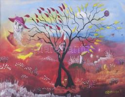 Kelemen Pál (1942-1999): Szürrealista kompozíció, 1996. Vegyes technika, papír, jelzett. Üvegezett fakeretben. 24,5×36 cm.