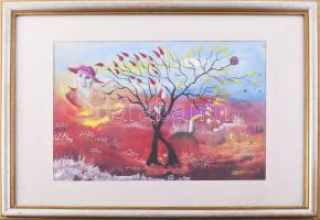 Kelemen Pál (1942-1999): Szürrealista kompozíció, 1996. Vegyes technika, papír, jelzett. Üvegezett f...