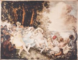 Prihoda István (1891-1965): Társaság. Színezett rézkarc, papír, jelzett, fakeretben, 25×32,5 cm