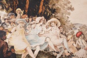 Prihoda István (1891-1965): Társaság. Színezett rézkarc, papír, jelzett, fakeretben, 25×32,5 cm