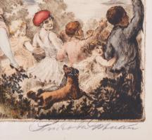 Prihoda István (1891-1965): Társaság. Színezett rézkarc, papír, jelzett, fakeretben, 25×32,5 cm