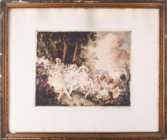 Prihoda István (1891-1965): Társaság. Színezett rézkarc, papír, jelzett, fakeretben, 25×32,5 cm