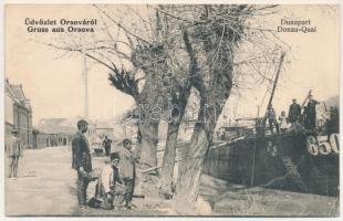 Orsova, Duna-part, DDSG uszály / Donau-Quai / quay, barge (EK)