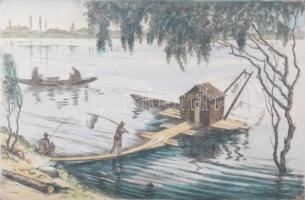 Conrad Gyula (1877-1959): Budafoki halászkunyhó. Színezett rézkarc, papír, jelzett, lap széle kissé foltos, üvegezett fakeretben, 27,5x36 cm