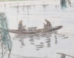 Conrad Gyula (1877-1959): Budafoki halászkunyhó. Színezett rézkarc, papír, jelzett, lap széle kissé ...