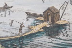 Conrad Gyula (1877-1959): Budafoki halászkunyhó. Színezett rézkarc, papír, jelzett, lap széle kissé ...