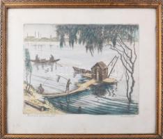 Conrad Gyula (1877-1959): Budafoki halászkunyhó. Színezett rézkarc, papír, jelzett, lap széle kissé ...