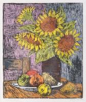 Réti Mátyás (1922-2002): Napraforgó. Linómetszet, papír, jelzett. Üvegezett fakeretben. 36×30,5 cm
