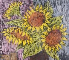 Réti Mátyás (1922-2002): Napraforgó. Linómetszet, papír, jelzett. Üvegezett fakeretben. 36×30,5 cm