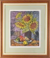 Réti Mátyás (1922-2002): Napraforgó. Linómetszet, papír, jelzett. Üvegezett fakeretben. 36×30,5 cm