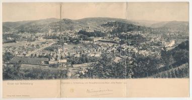 Segesvár, Schässburg, Sighisoara; Panorama v. Schässburg vom Karpathenvereins-Haus "Villa Franka" aus / Segesvár látképe az Erdélyi Kárpát Egyesület házából (Villa Franka) tekintve. Fritz Teutsch kiadása, 3-részes kihajtható panorámalap / general view from Villa Franka. 3-tiled folding panoramacard (hajtásnál szakadások / tears at fold)