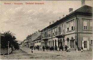 1909 Orsova, Dunasor, Oláh Kálmán üzlete, omnibusz. Hutterer G. kiadása / Donauzeile / street, shop, omnibus (EK)