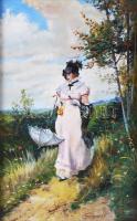 Olvashatatlan jelzéssel, feltehetően orosz festő: Hölgy napernyővel. Olaj, vászon. Dekoratív fakeretben. 40×25 cm