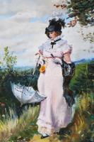 Olvashatatlan jelzéssel, feltehetően orosz festő: Hölgy napernyővel. Olaj, vászon. Dekoratív fakeret...