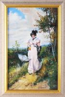 Olvashatatlan jelzéssel, feltehetően orosz festő: Hölgy napernyővel. Olaj, vászon. Dekoratív fakeret...