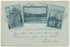1899 Szatmárnémeti, Szatmár, Satu Mare; Kir. Törvényszék, Deák tér, Színház este holdfényben. Reitzer János kiadása, szecessziós-virágos keret / court, square, theatre at night in moonlight. Art Nouveau, floral frame (vágott / cut)