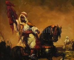 Alcaraz jelzéssel: Katona lóháton. Olaj, farost, dekoratív fakeretben, 22,5×17 cm