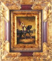 Alcaraz jelzéssel: Katona lóháton. Olaj, farost, dekoratív fakeretben, 22,5×17 cm