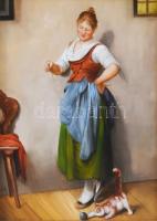 Kocsis Lénárd (1958-): Cicával játszó nő. Olaj, fa, jelzett. Dekoratív fakeretben, 24x18 cm