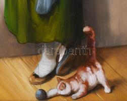 Kocsis Lénárd (1958-): Cicával játszó nő. Olaj, fa, jelzett. Dekoratív fakeretben, 24x18 cm