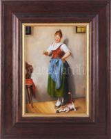 Kocsis Lénárd (1958-): Cicával játszó nő. Olaj, fa, jelzett. Dekoratív fakeretben, 24x18 cm