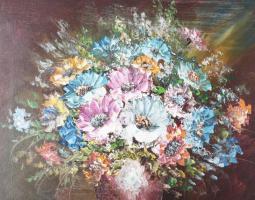 P Hilla (?) jelzéssel: Csendélet. Olaj, vászon, dekoratív fakeretben, 50×60 cm