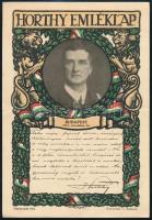 cca 1920-1925 Horthy Emléklap, eredeti, az 1919. november 16-i budapesti bevonuláskor tartott beszéde egy részletével, dekoratív nyomtatvány, szign. Haranghy Jenő, hajtásnyommal, jó állapotban, 25×17 cm