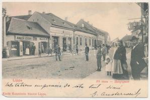 Lippa, Lipova; Fő utca, Rauch Izidor férfi szabó üzlete, Lukács Lídia házi kenyérsütödéje. Konstántin Sándor kiadása / Hauptgasse / main street, shops, bakery (apró szakadások / tiny tears)