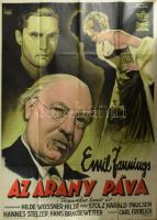 1936 Nemes György (1905-1938:) Az Arany Páva, rendező: Carl Jenning, szereplők: Emil Jannings, Hilde Weissner, Hilde von Stloz, Harald Paulsen, Hannes Stelzer, Hans Brausewetter, Tobis Cinema Produkcióból Bioscop Film Budapest, Bp., Litográfia, papír. Radó Jenő és Gyula-ny., sérült, hajtott, a hátoldalán bejegyzéssel és bélyegzéssel (M. Kir. Országos Mozgóképvizsgáló Bizottság pecsétje, aláírással), 124x94 cm.