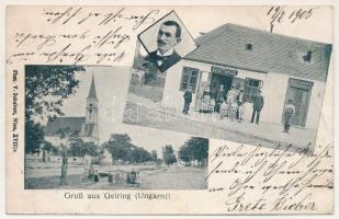 1905 Gajar, Geiring, Gayring, Gajary; Fő utca, templom, Julius Bauer vendéglője. Phot. V. Schubert (Wien) / main street, church, restaurant, inn. Art Nouveau (fa)