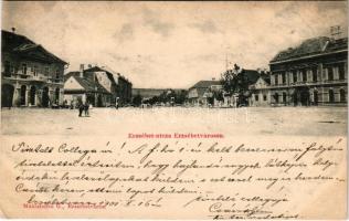 1901 Erzsébetváros, Dumbraveni; Erzsébet utca, Mühlsteffen Gusztáv üzlete és saját kiadása, vendéglő, étterem / street, shops, restaurant (vágott / cut)