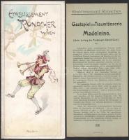 1905 Etablissement Ronacher Wien (Bécs), dekoratív szecessziós litho háromrészes műsoros kartonlap reklámokkal, árakkal, külön lapon, Madeleine az álomtáncos, 26,5×35,5 cm
