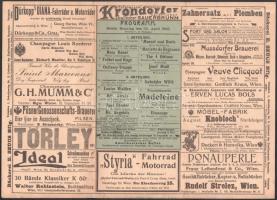 1905 Etablissement Ronacher Wien (Bécs), dekoratív szecessziós litho háromrészes műsoros kartonlap r...