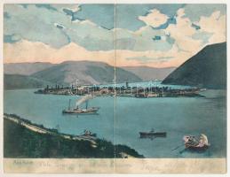 1905 Ada Kaleh, 2-részes kihajtható panorámalap, montázs csónakázókkal és gőzhajóval / 2-tiled folding panoramacard, montage with rowing boats and steamship (fl)