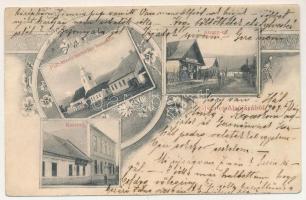 1909 Alsójára, Jára, Iara de Jos; Piac tér, Unitárius templom, Alszeg út, kaszinó, Mészáros Jenő üzlete, Kisegítő takarékpénztár. Csizhegyi S. felvétele / market square, Unitarian church, street view, casino, shop. Art Nouveau, floral (fl)