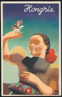 cca 1935 Hongrie, Magyarország, art deco stílusú idegenforgalmi propaganda lap, szign. Konecsni György, szép állapotban, 14×9 cm