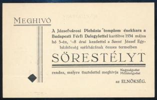 1934 Meghívó Sörestélyre a Józsefvárosi Plébánia templomi énekkara szervezésében, postán elküldhető nyomtatvány, szép állapotban
