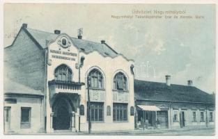 1916 Nagymihály, Michalovce; Nagymihályi Takarékpénztár, Ipar és Kereskedelmi Bank, Handler Miksa üzlete. Strömpl Jenő és István kiadása / savings bank, shop (EB)