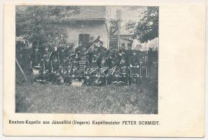 1906 Jánosfölde, Jánosföld, Iohanisfeld; Fiúzenekar a karmesterrel / Knaben-Kapelle aus Jánosföld (Ungarn) mit Kapellmeister Peter Schmidt. Fritz Elsner / boys music band with the conductor (vágott / cut)