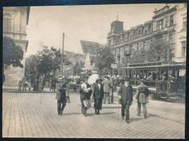 1914 Varsói utcakép villamossal a pályaudvar közelében, fotó hátoldalon feliratozva, 8×10,5 cm